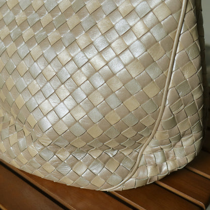 Vintage Bottega Veneta Shimmery Ivory Tri-color Intrecciato 2way Shoulder Bag