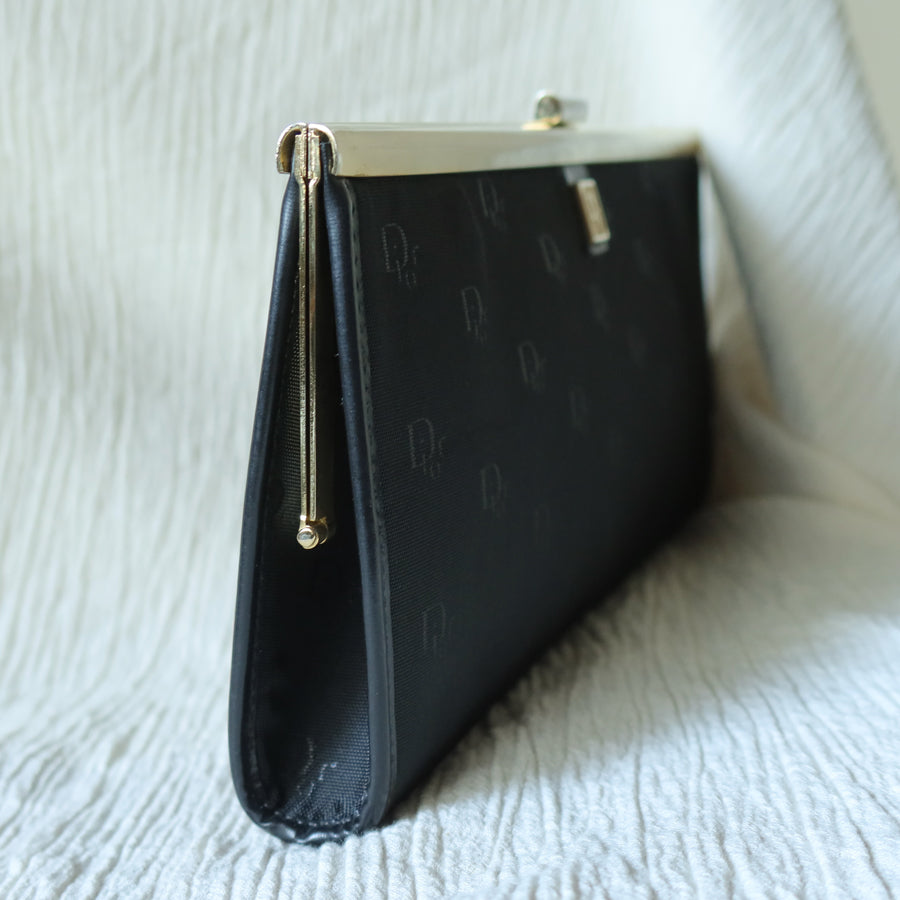 Christian Dior Vintage Black Gold hardware Monogram Kiss lock Clutch Bag