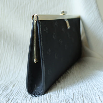 Christian Dior Vintage Black Gold hardware Monogram Kiss lock Clutch Bag