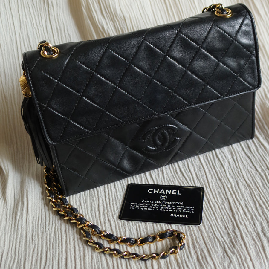 Chanel Vintage Black Lambskin Tassel Quilted CC mark Flap Bag