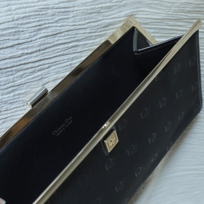 Christian Dior Vintage Black Gold hardware Monogram Kiss lock Clutch Bag