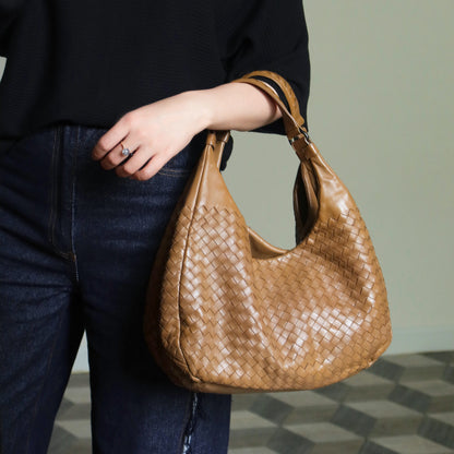 Bottega Veneta Vintage Caramel Brown Intrecciato Campana Hobo Shoulder Bag