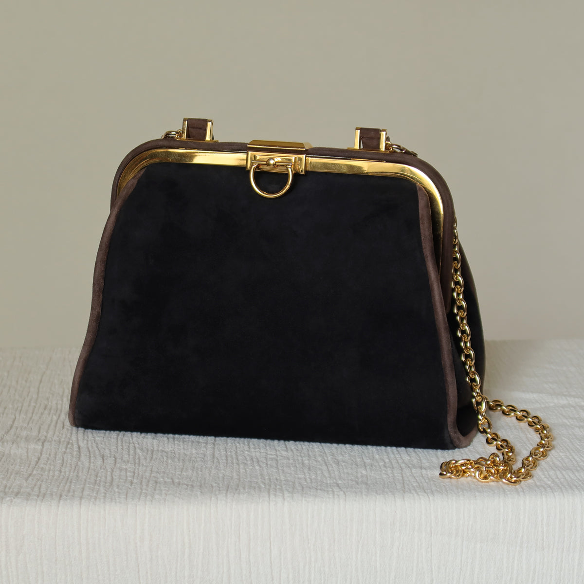 Vintage Christian Dior 90s Brown Black Suede Leather Kiss Lock 2-way Trapeze Bag
