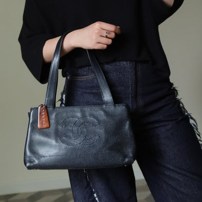 Chanel Vintage Black Caviar Leather CC Mark Charm East west Shoulder Bag
