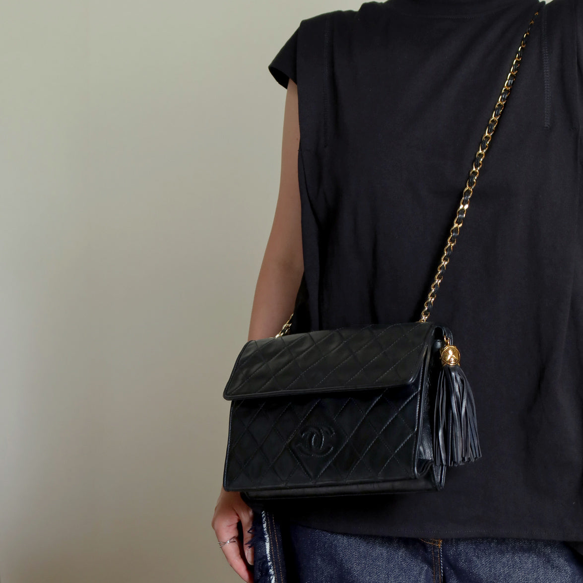 Chanel Vintage Black Lambskin Tassel Quilted CC mark Flap Bag