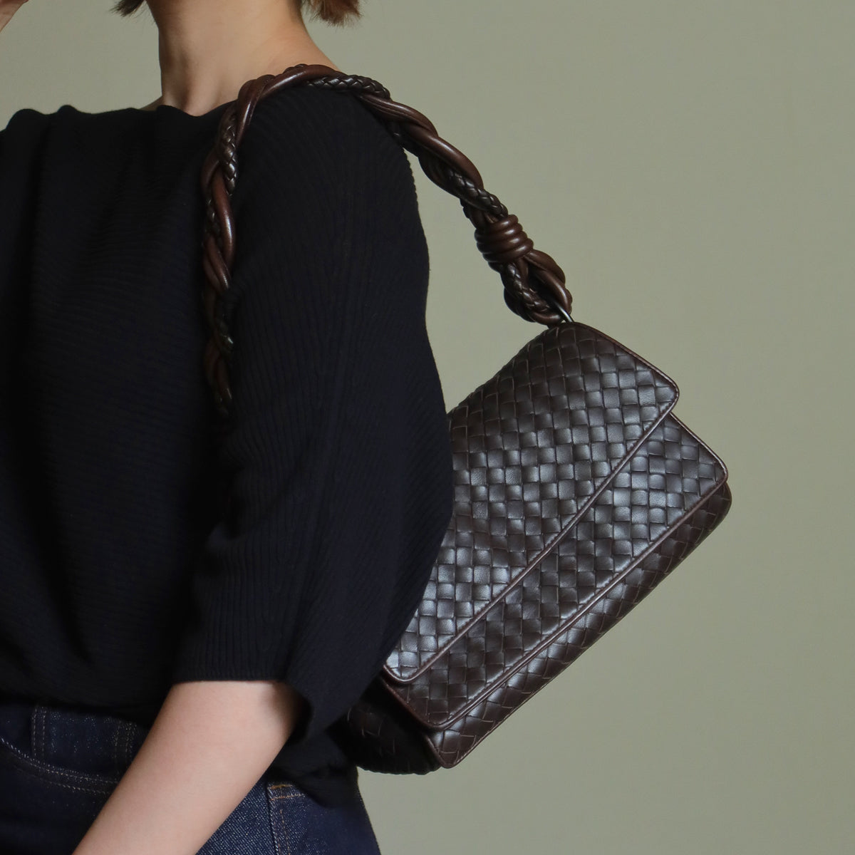 Bottega Veneta Vintage Dark Brown Intrecciato Twisted Strap Double Flap Shoulder Bag S