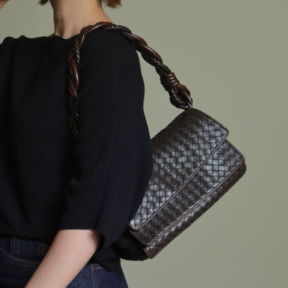 Bottega Veneta Vintage Dark Brown Intrecciato Twisted Strap Double Flap Shoulder Bag S