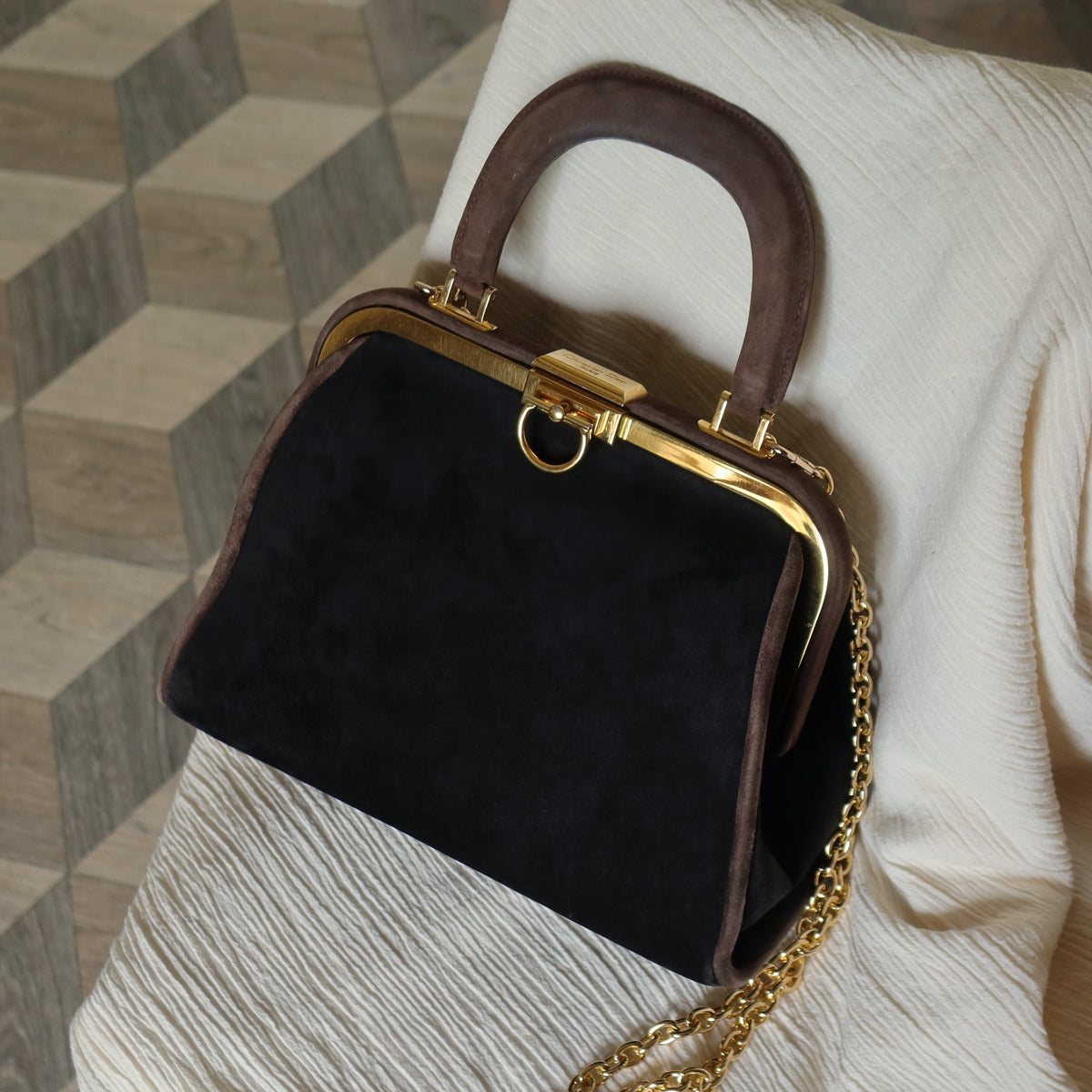 Vintage Christian Dior 90s Brown Black Suede Leather Kiss Lock 2-way Trapeze Bag