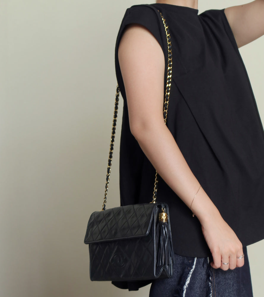 Chanel Vintage Black Lambskin Tassel Quilted CC mark Flap Bag