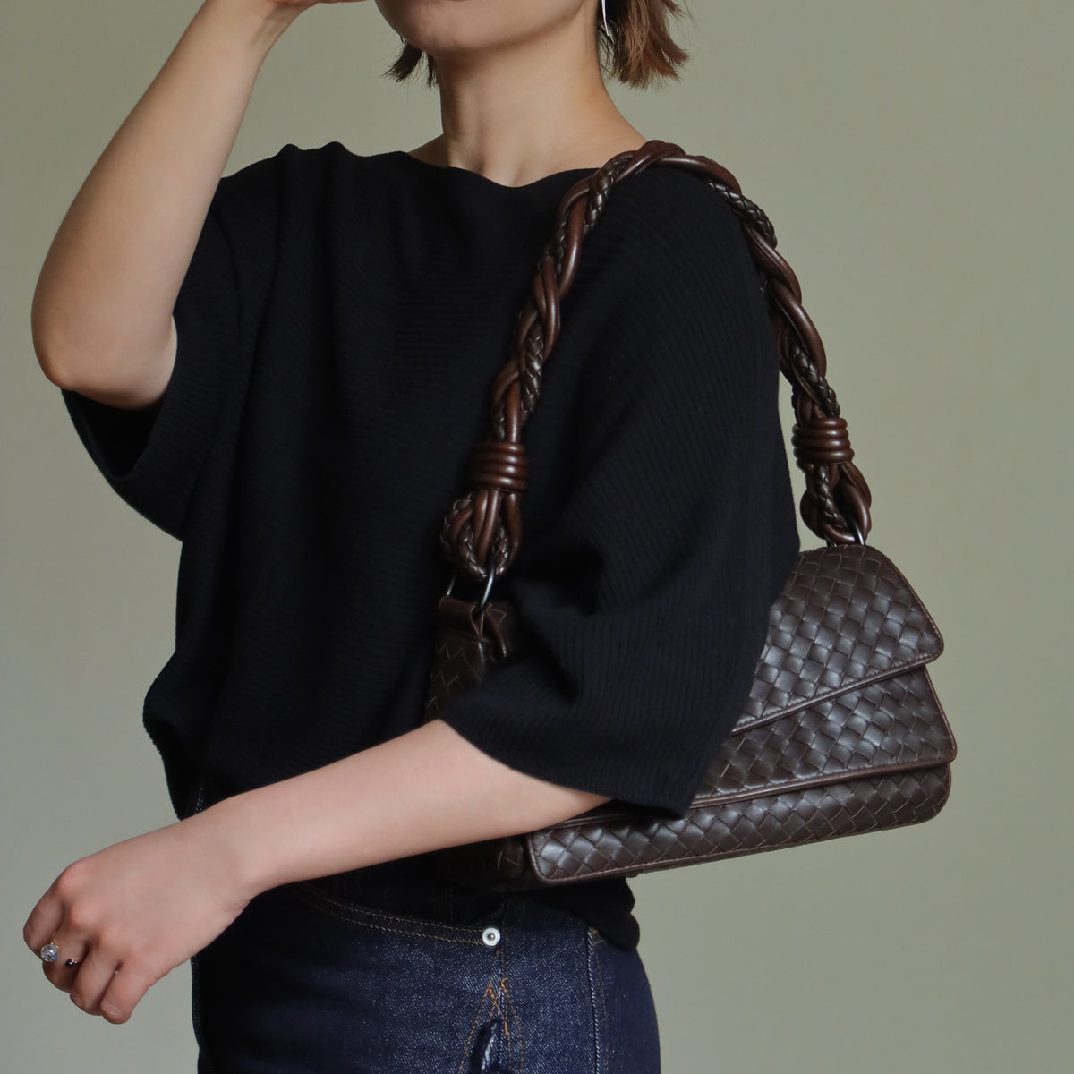 Bottega Veneta Vintage Dark Brown Intrecciato Twisted Strap Double Flap Shoulder Bag S
