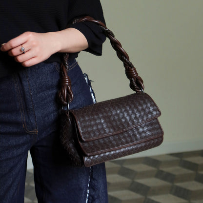 Bottega Veneta Vintage Dark Brown Intrecciato Twisted Strap Double Flap Shoulder Bag S