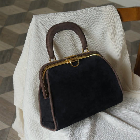 Vintage Christian Dior 90s Brown Black Suede Leather Kiss Lock 2-way Trapeze Bag