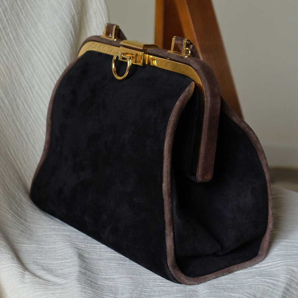 Vintage Christian Dior 90s Brown Black Suede Leather Kiss Lock 2-way Trapeze Bag