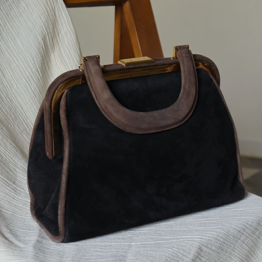 Vintage Christian Dior 90s Brown Black Suede Leather Kiss Lock 2-way Trapeze Bag
