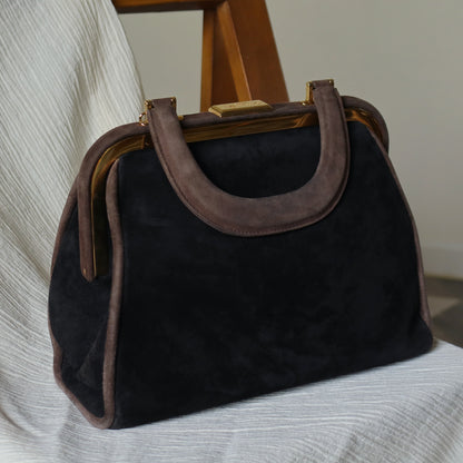 Vintage Christian Dior 90s Brown Black Suede Leather Kiss Lock 2-way Trapeze Bag