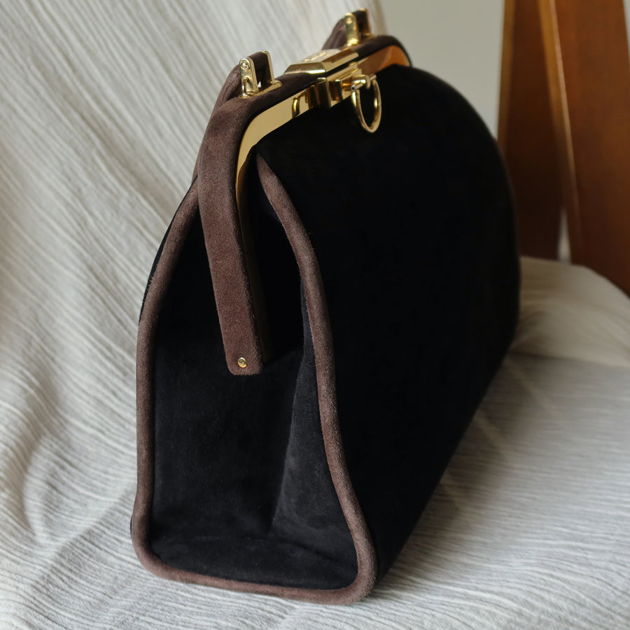 Vintage Christian Dior 90s Brown Black Suede Kiss Lock 2-way Trapeze Bag