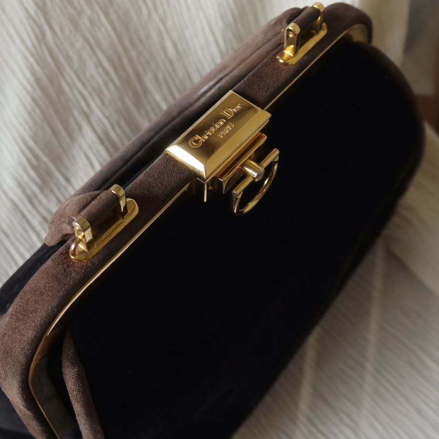 Vintage Christian Dior 90s Brown Black Suede Leather Kiss Lock 2-way Trapeze Bag