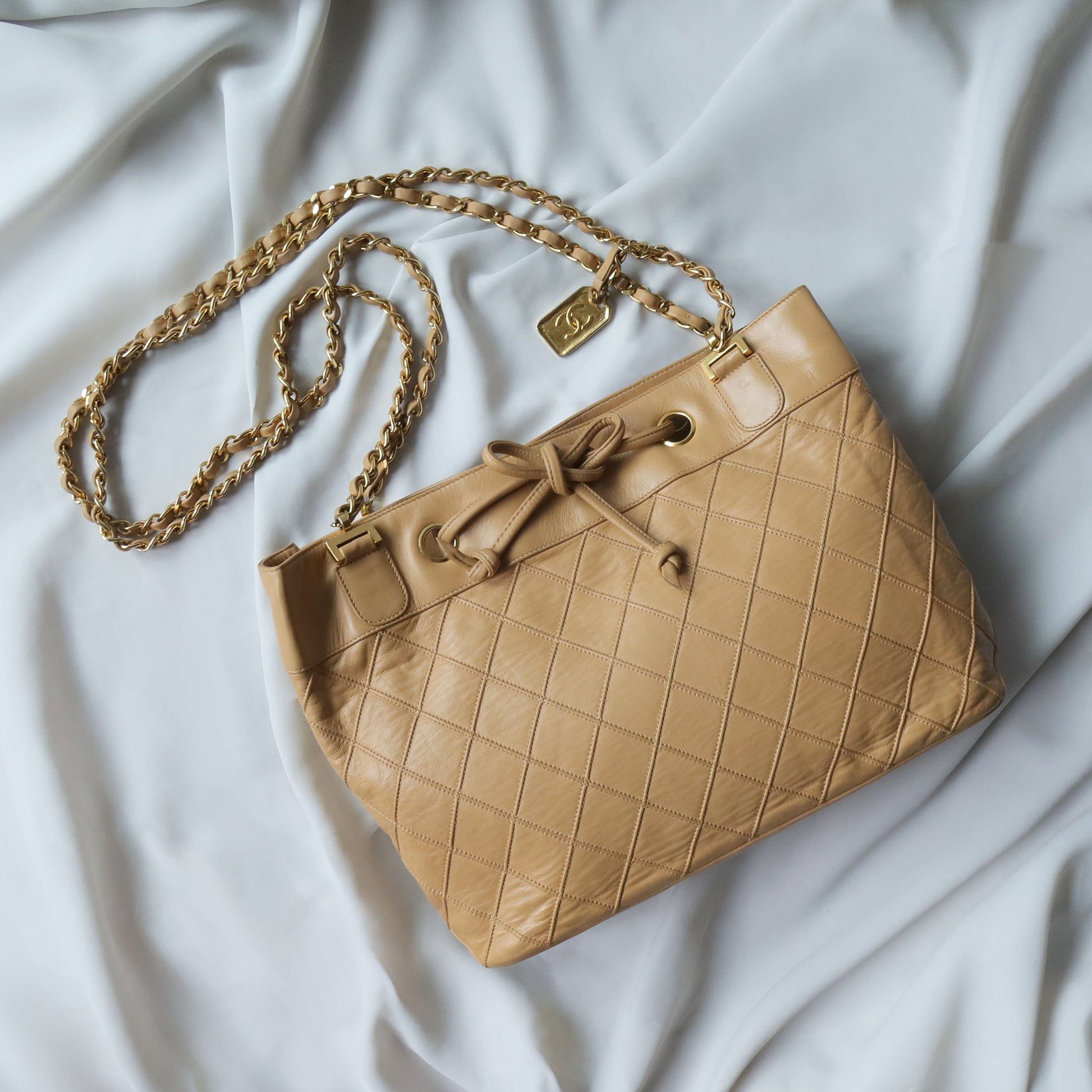 Chanel Vintage Caramel Quilted 24k Gold Double Chain Tote Bag