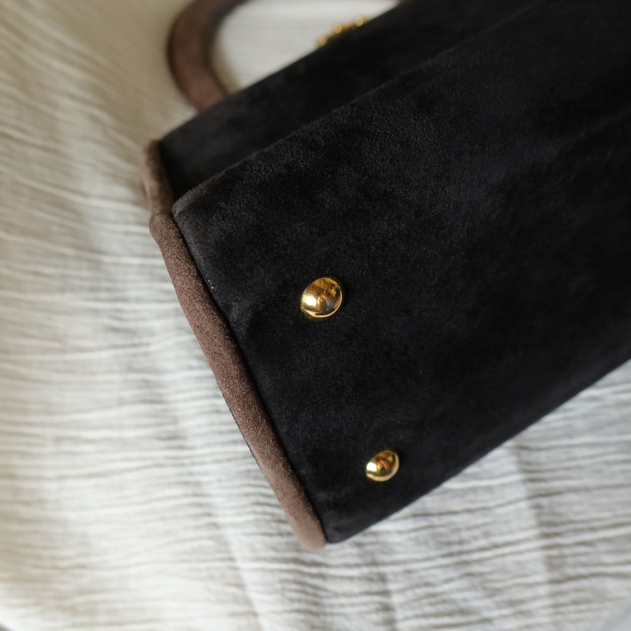 Vintage Christian Dior 90s Brown Black Suede Kiss Lock 2-way Trapeze Bag