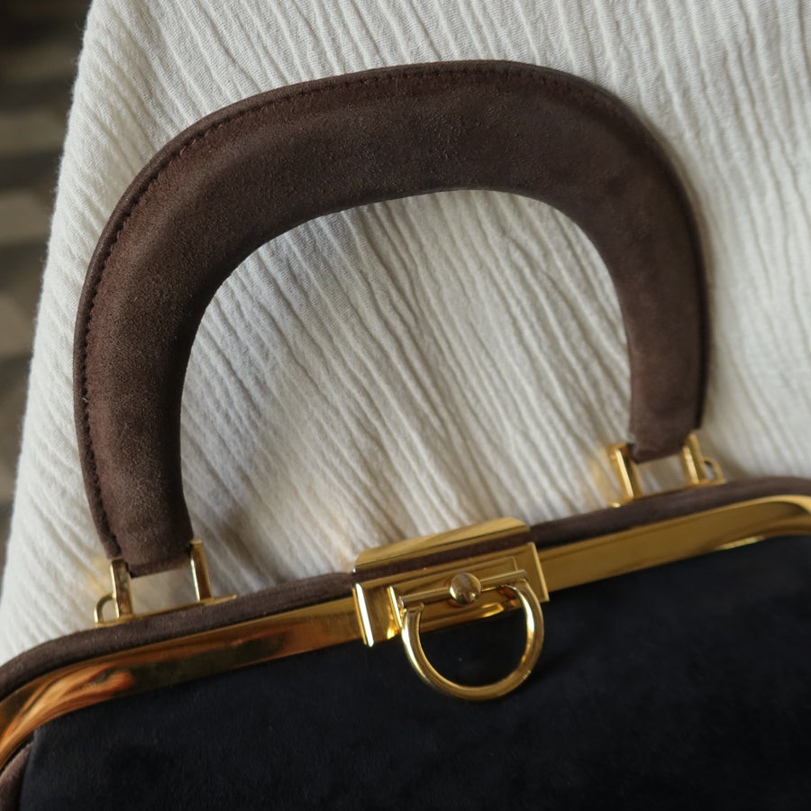 Vintage Christian Dior 90s Brown Black Suede Kiss Lock 2-way Trapeze Bag