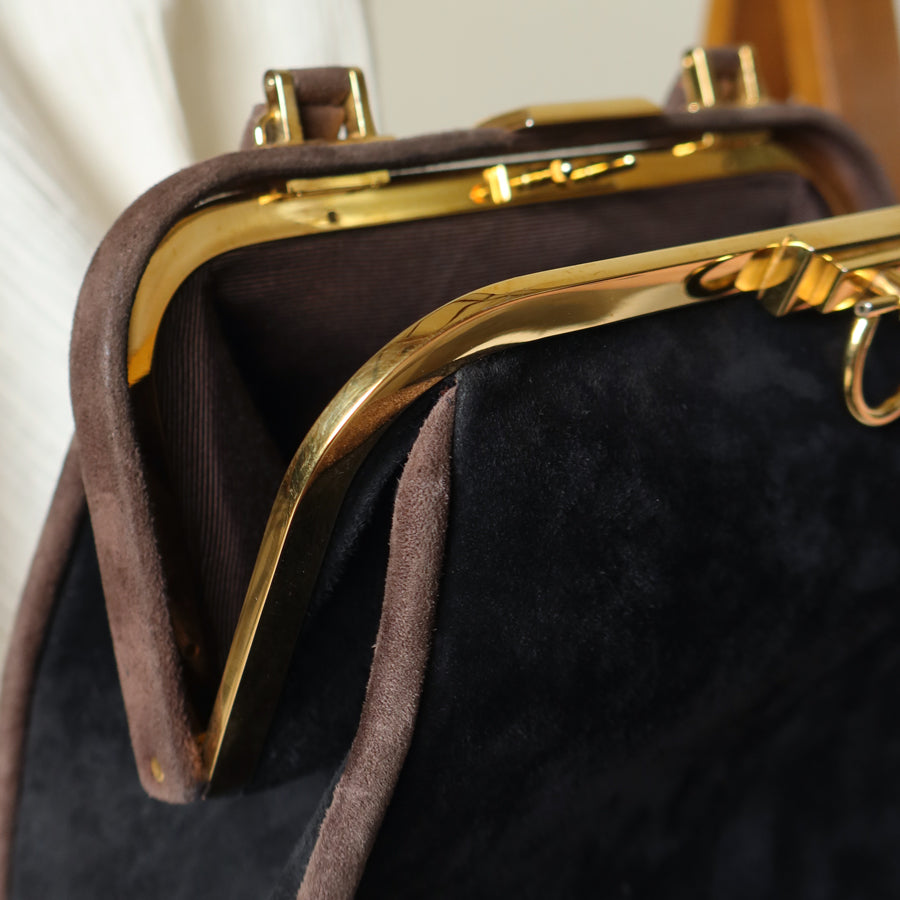 Vintage Christian Dior 90s Brown Black Suede Kiss Lock 2-way Trapeze Bag
