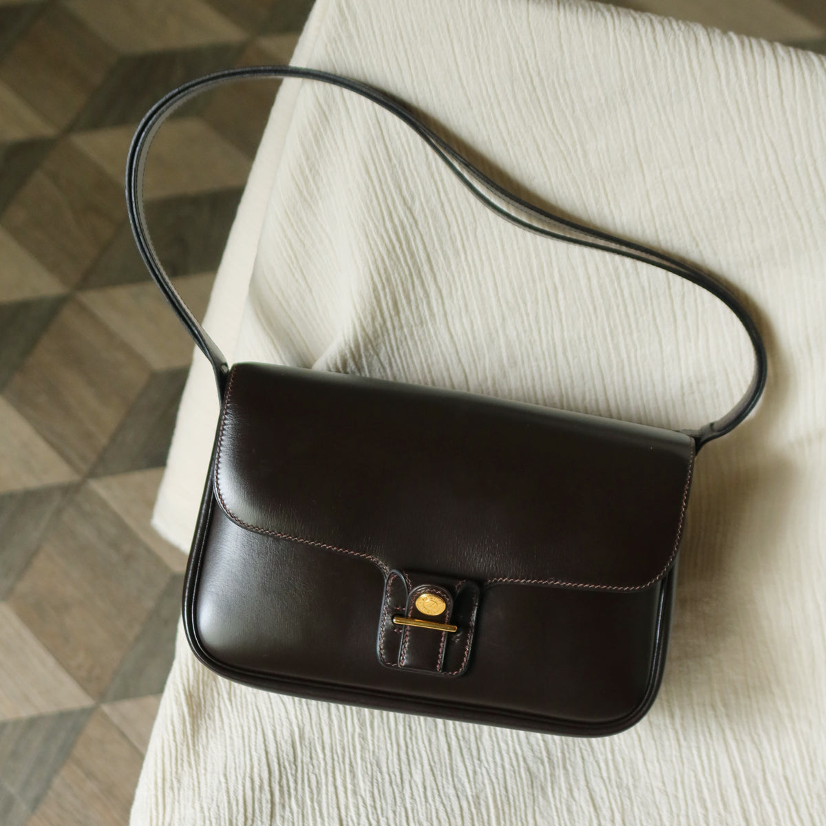 Vintage Hermès 70s Dark Brown Calf Leather Double sided Shoulder Flap Bag