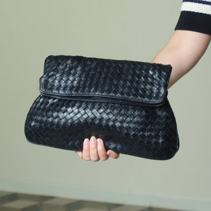 Rare Bottega Veneta Vintage Black Intrecciato Leather Hourglass Party Clutch Bag