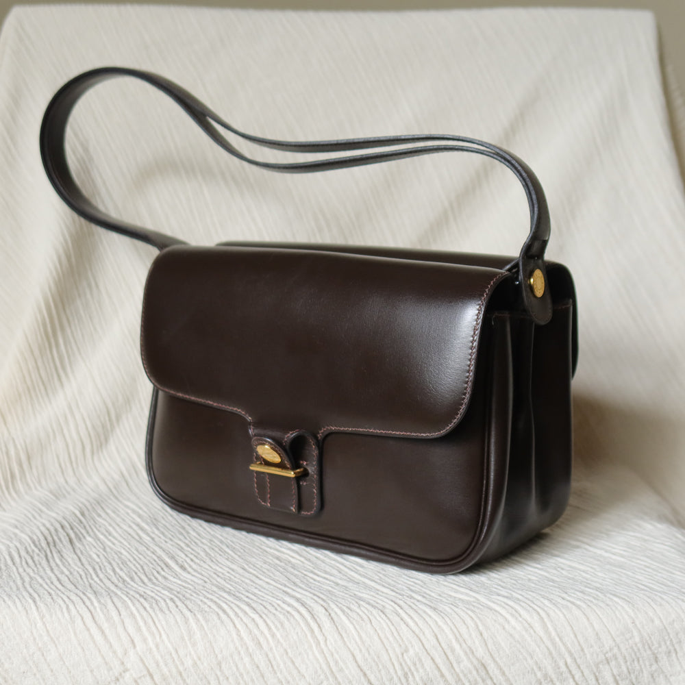 Vintage Hermès 70s Dark Brown Calf Leather Double sided Shoulder Flap Bag