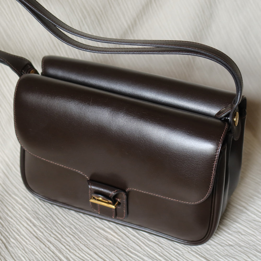 Vintage Hermès 70s Dark Brown Calf Leather Double sided Shoulder Flap Bag