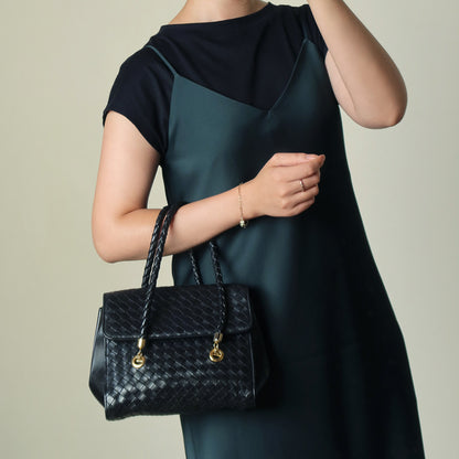 Rare Bottega Veneta Vintage Black Intrecciato Weave Double Braided Strap Trapeze Bag