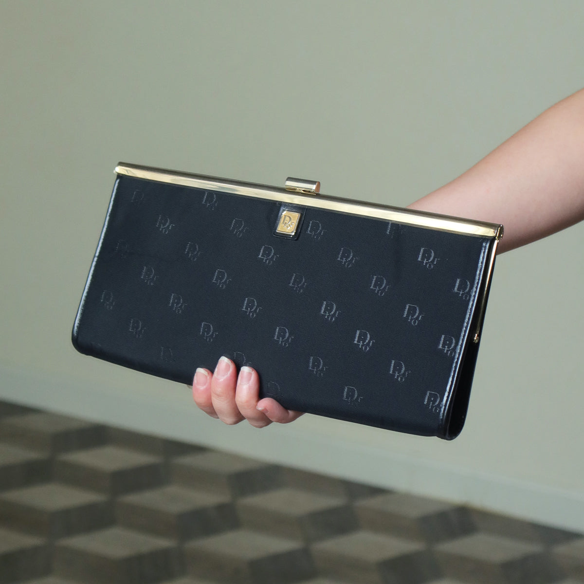 Christian Dior Vintage Black Gold hardware Monogram Kiss lock Clutch Bag