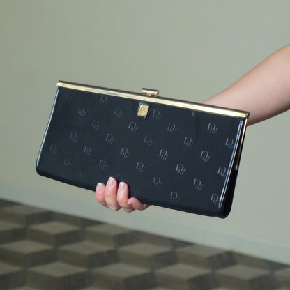 Christian Dior Vintage Black Gold hardware Monogram Kiss lock Clutch Bag