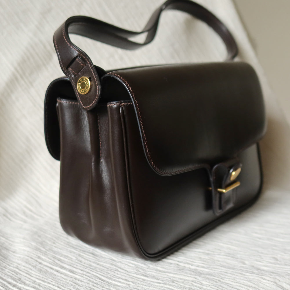 Vintage Hermès 70s Dark Brown Calf Leather Double sided Shoulder Flap Bag