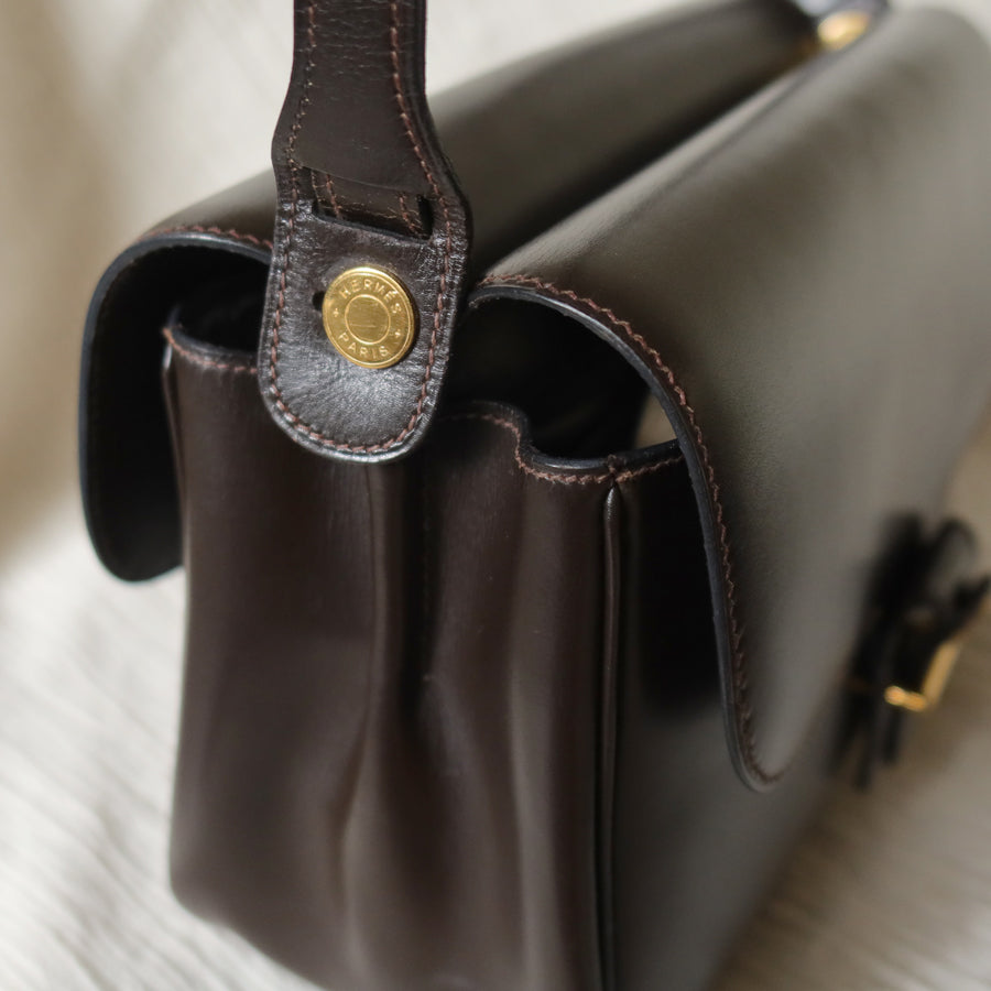 Vintage Hermès 70s Dark Brown Calf Leather Double sided Shoulder Flap Bag