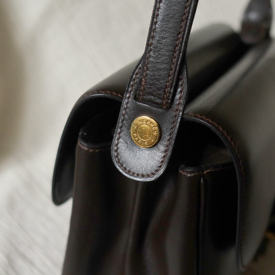 Vintage Hermès 70s Dark Brown Calf Leather Double sided Shoulder Flap Bag