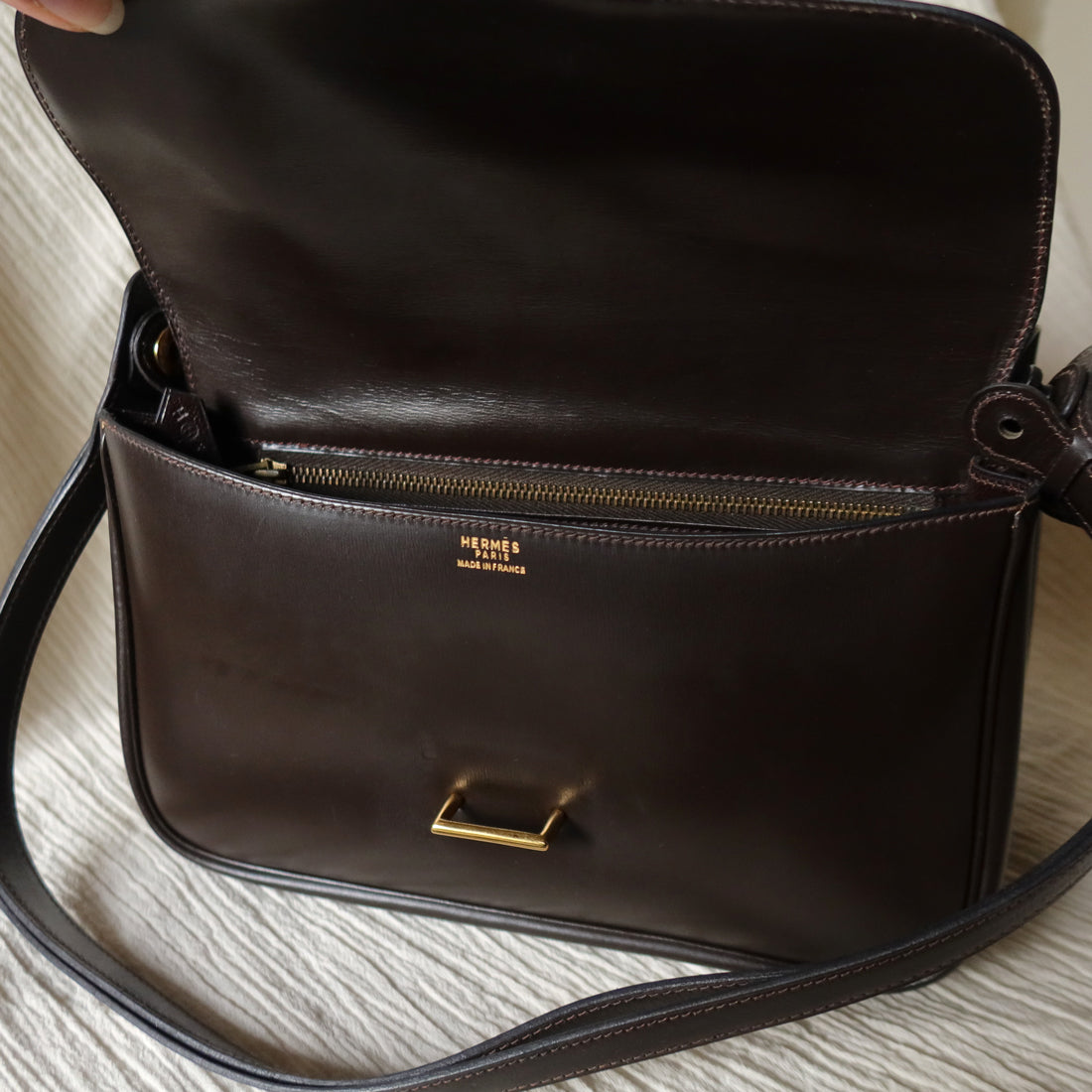 Vintage Hermès 70s Dark Brown Calf Leather Double sided Shoulder Flap Bag