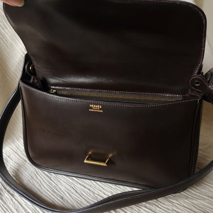Vintage Hermès 70s Dark Brown Calf Leather Double sided Shoulder Flap Bag