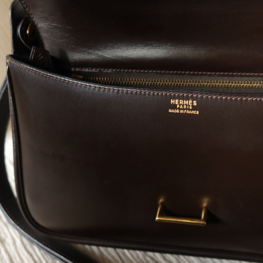 Vintage Hermès 70s Dark Brown Calf Leather Double sided Shoulder Flap Bag