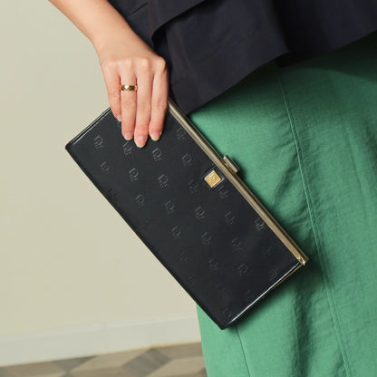 Christian Dior Vintage Black Gold hardware Monogram Kiss lock Clutch Bag