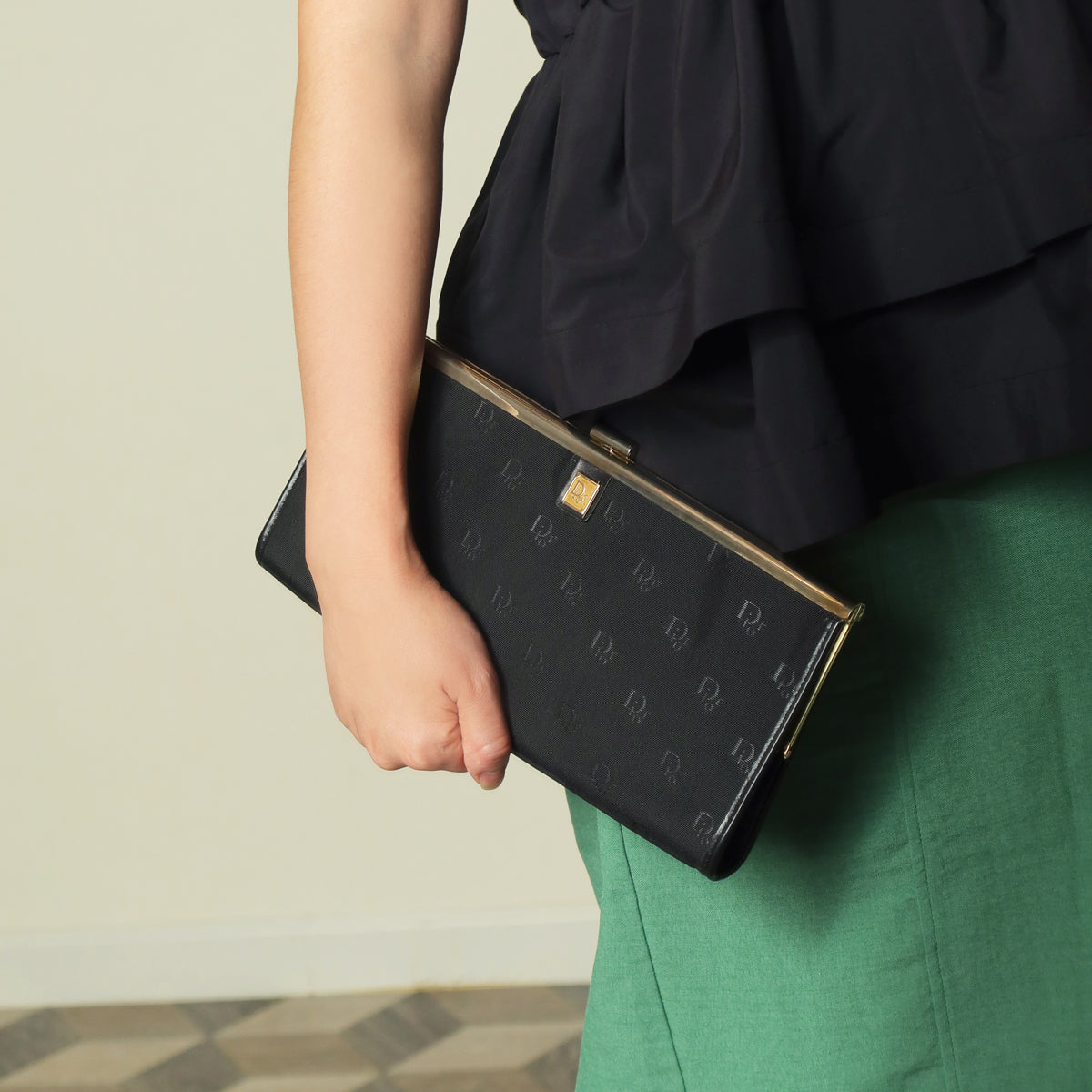 Christian Dior Vintage Black Gold hardware Monogram Kiss lock Clutch Bag