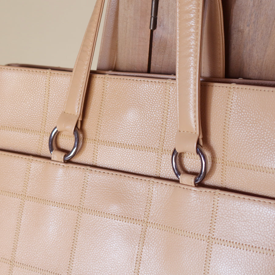 Chanel Vintage Chocolate Bar Stitching Light Salmon Beige Calfskin Leather Shoulder Tote Bag