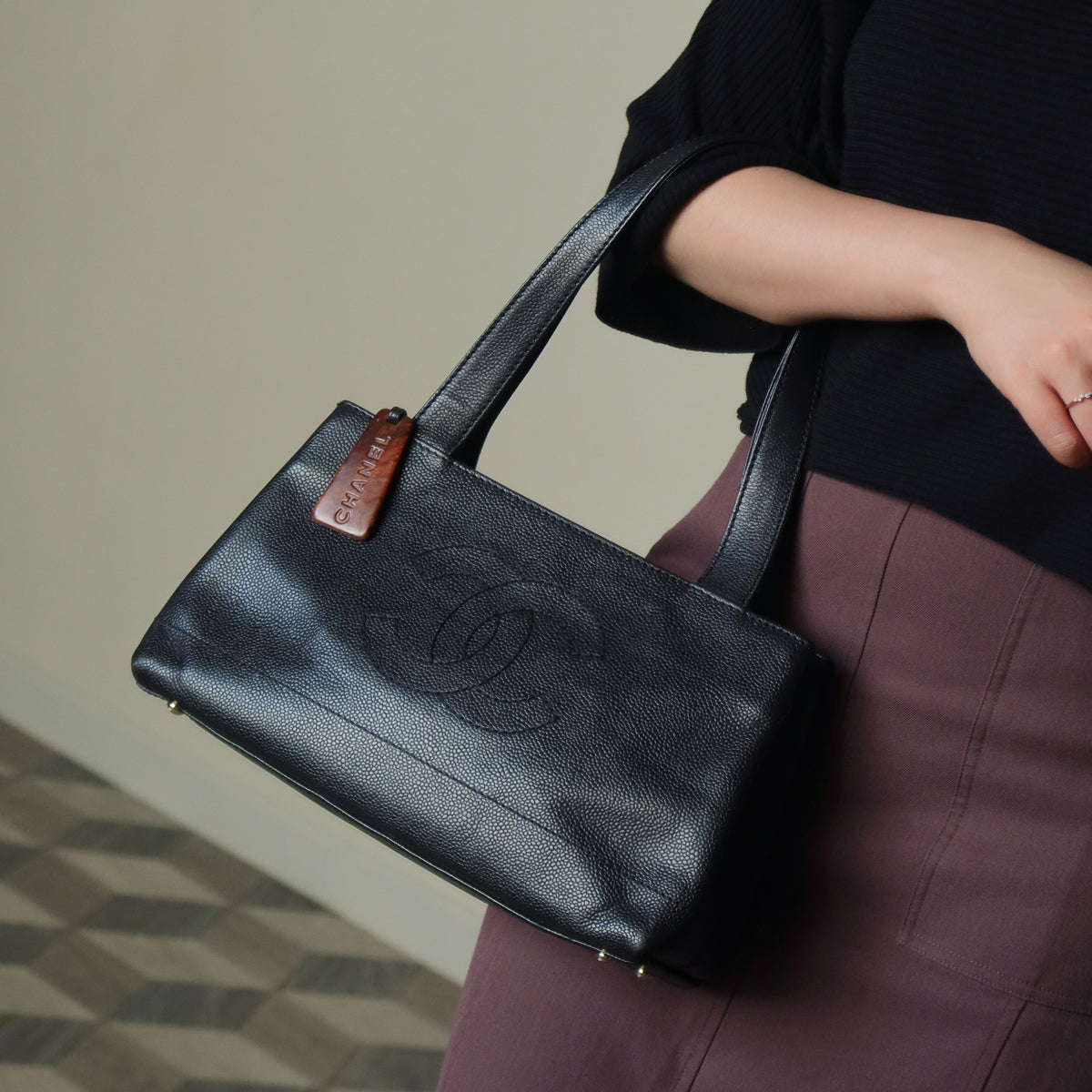 Chanel Vintage Black Caviar Leather CC Mark Charm East west Shoulder Bag