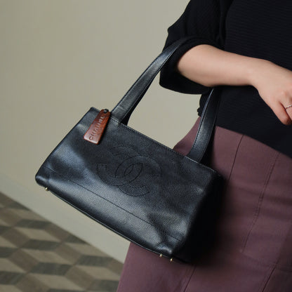 Chanel Vintage Black Caviar Leather CC Mark Charm East west Shoulder Bag