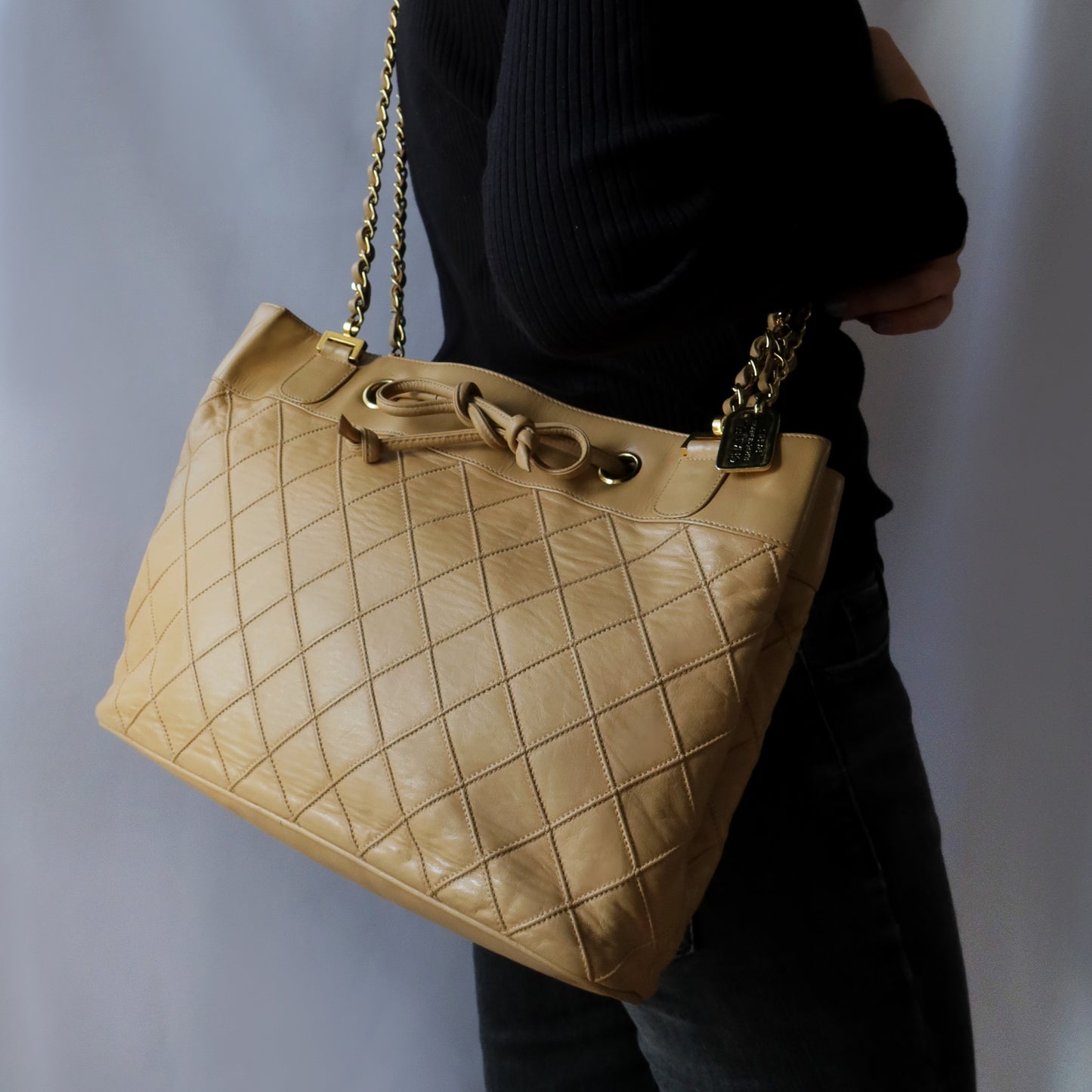 Chanel Vintage Caramel Quilted 24k Gold Double Chain Tote Bag