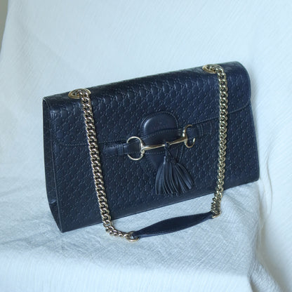 Gucci Vintage Dark Navy GG Guccissima Horsebit Chain Strap Shoulder Bag