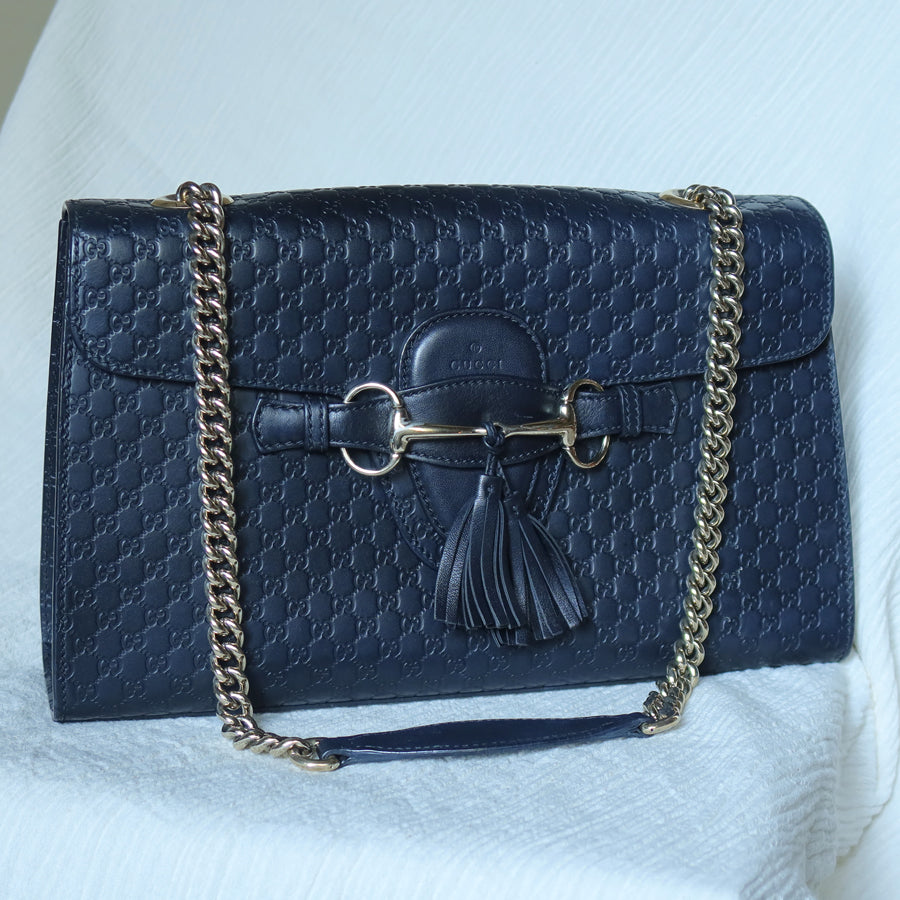 Gucci Vintage Dark Navy GG Guccissima Horsebit Chain Strap Shoulder Bag