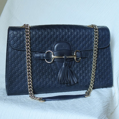 Gucci Vintage Dark Navy GG Guccissima Horsebit Chain Strap Shoulder Bag