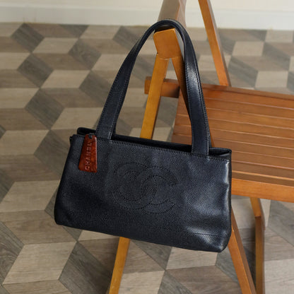Chanel Vintage Black Caviar Leather CC Mark Charm East west Shoulder Bag