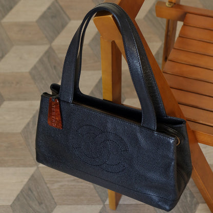 Chanel Vintage Black Caviar Leather CC Mark Charm East west Shoulder Bag