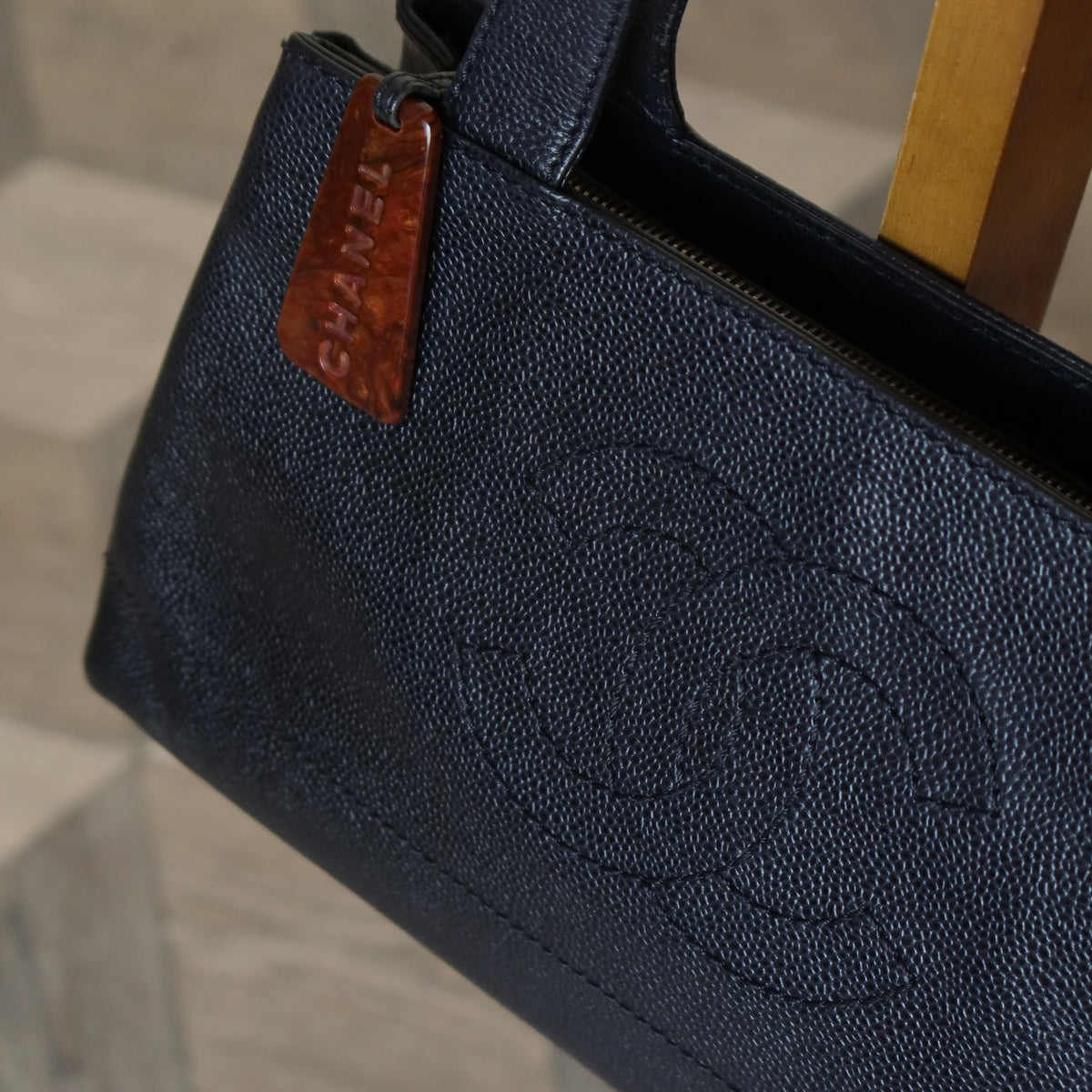 Chanel Vintage Black Caviar Leather CC Mark Charm East west Shoulder Bag